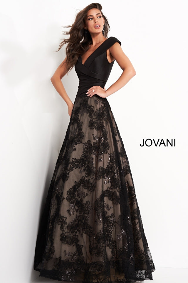 Jovani Mother of the Bride Jovani 03330 Black A Line V Neck Evening Gown