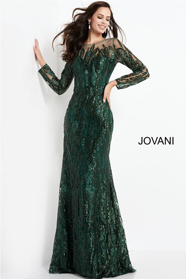 Jovani Mother of the Bride Jovani 03936 Dark Green Sheer Neck Embellished Mother of the Bride Dress