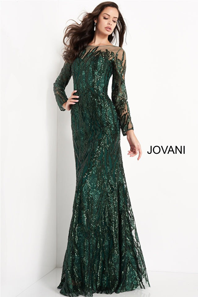 Jovani Mother of the Bride Jovani 03936 Dark Green Sheer Neck Embellished Mother of the Bride Dress