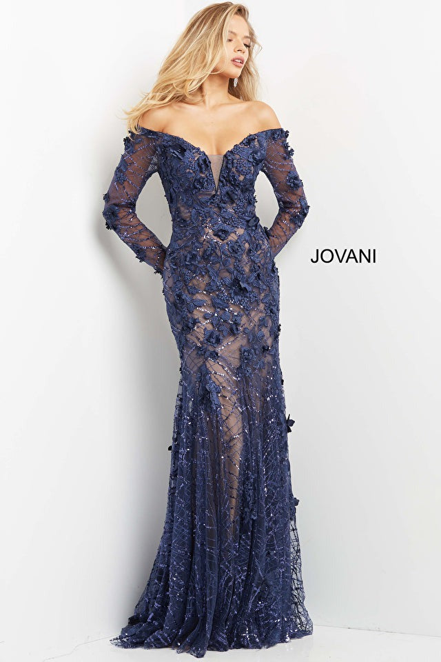 Jovani Mother of the Bride Jovani 06635 Navy Floral Appliques Long Sleeve Evening Dress