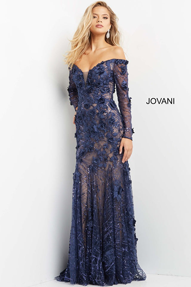 Jovani Mother of the Bride Jovani 06635 Navy Floral Appliques Long Sleeve Evening Dress