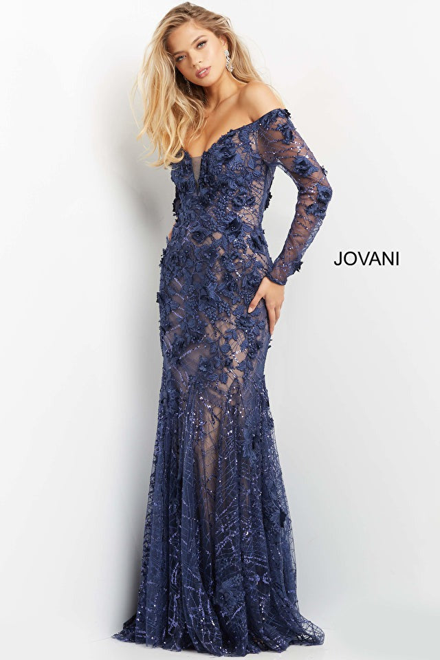 Jovani Mother of the Bride Jovani 06635 Navy Floral Appliques Long Sleeve Evening Dress