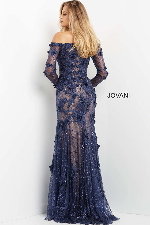 Jovani Mother of the Bride Jovani 06635 Navy Floral Appliques Long Sleeve Evening Dress