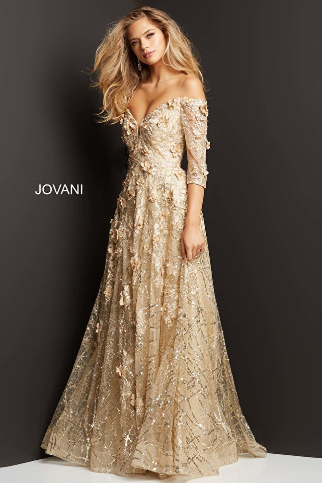 Jovani Mother of the Bride Jovani 06636 Cream Floral Embellished A Line Gown