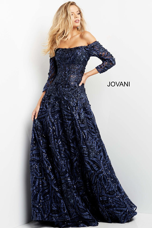 Jovani Mother of the Bride Jovani 06792 Navy Off the Shoulder A Line Evening Gown