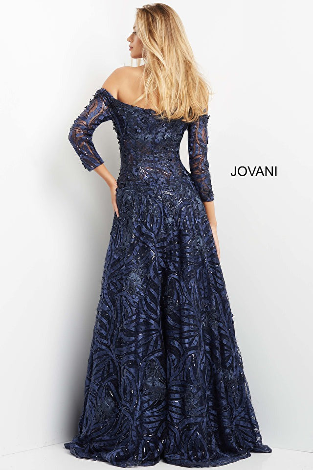 Jovani Mother of the Bride Jovani 06792 Navy Off the Shoulder A Line Evening Gown