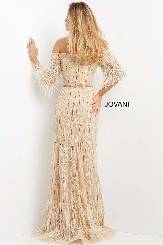 Jovani Mother of the Bride Jovani 07159 Cream Embellished Feather Sleeve Dress