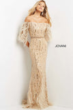 Jovani Mother of the Bride Jovani 07159 Cream Embellished Feather Sleeve Dress