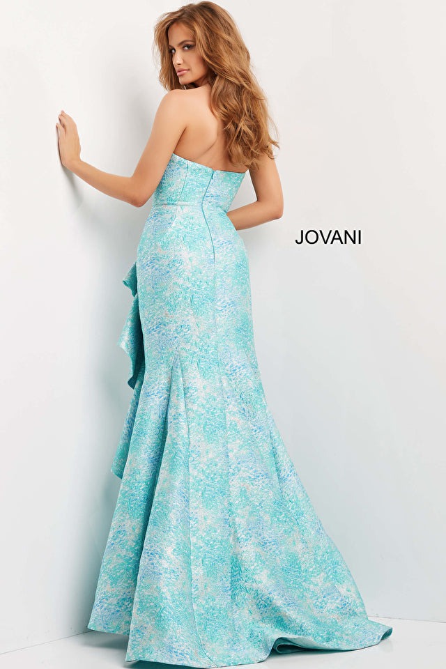 Jovani Mother of the Bride Jovani 08093 Blue Multi Ruffle Skirt Wrap Evening Gown