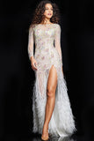 Jovani Pageant Dresses Jovani 06344 Off White Beaded Long Sleeves Pageant Dress