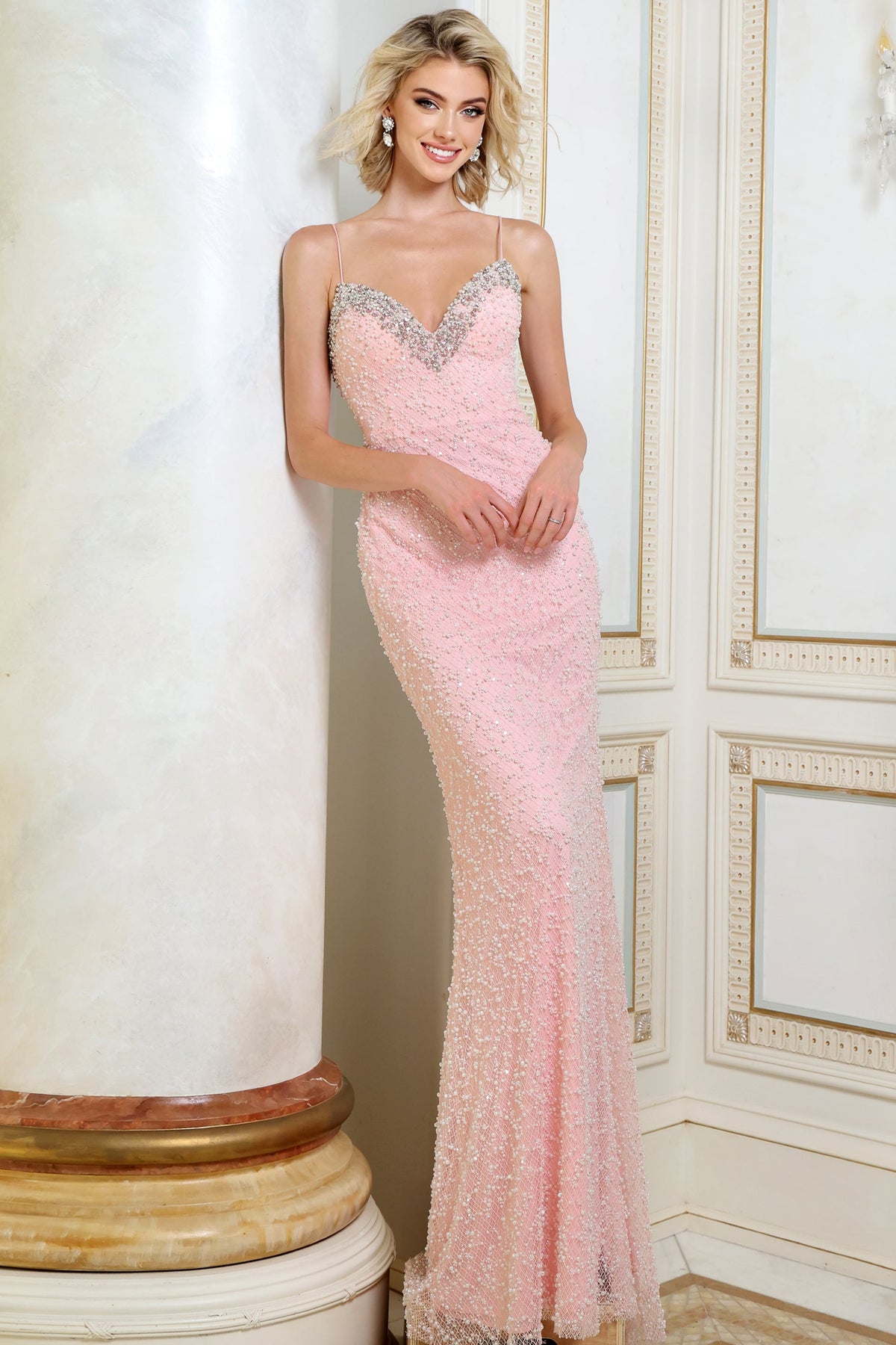 Jovani Prom Dress 00 / Beige Jovani 52671 Blush Pink Beaded Mermaid Prom Dress