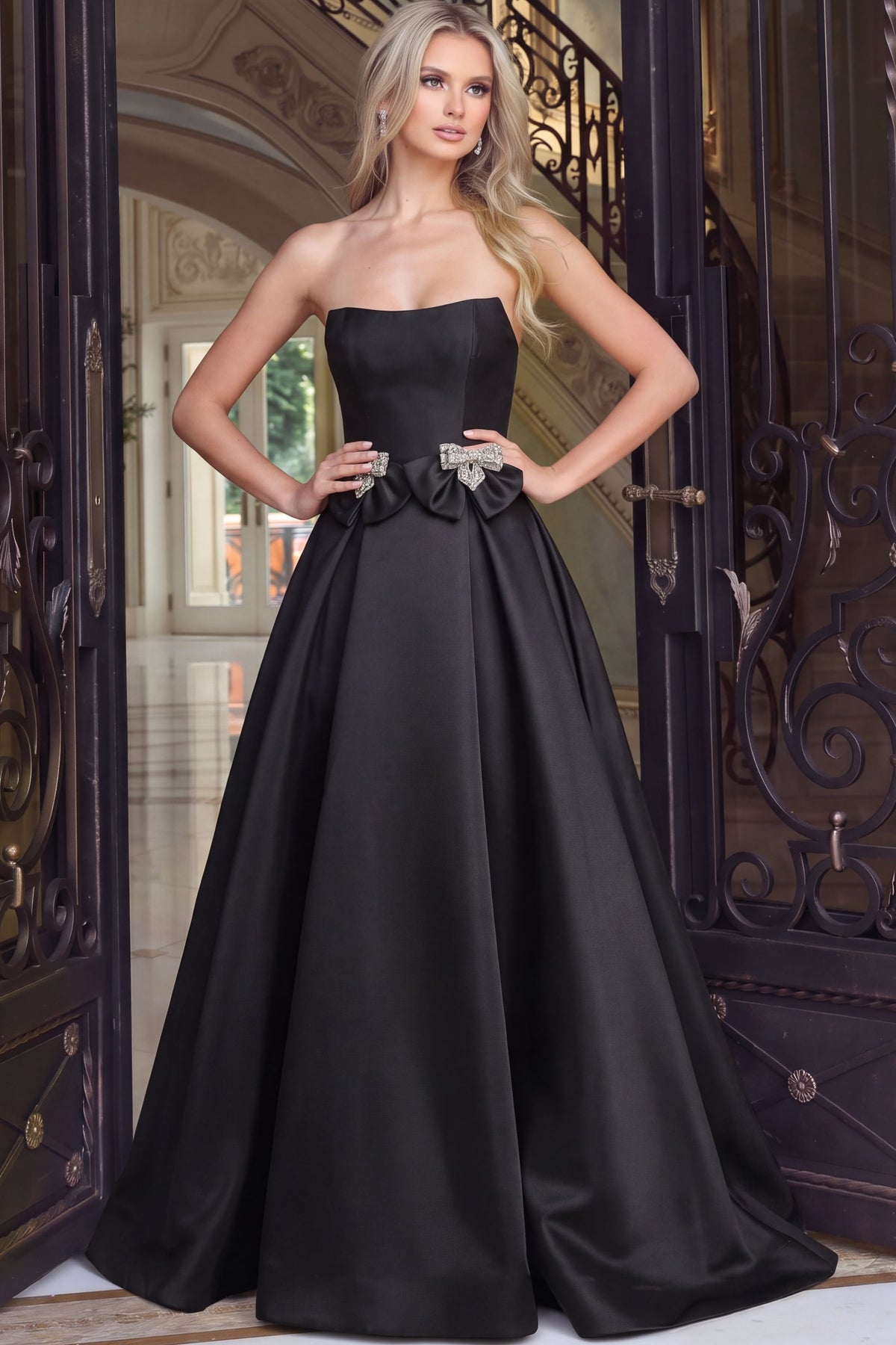 Jovani Prom Dress 00 / Black Jovani 47594 Strapless Ball Gown With Crystal Bow Accents