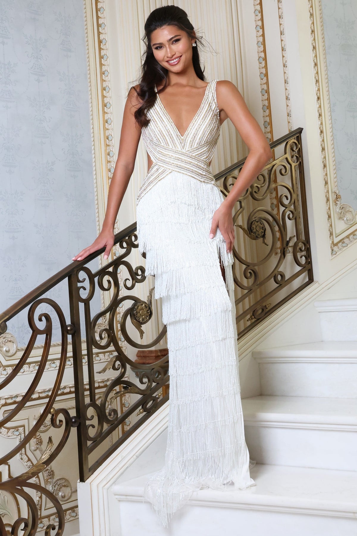 Jovani Prom Dress 00 / Black/Silver Jovani 49269 V Neck Beaded Fringe Dress With High Slit