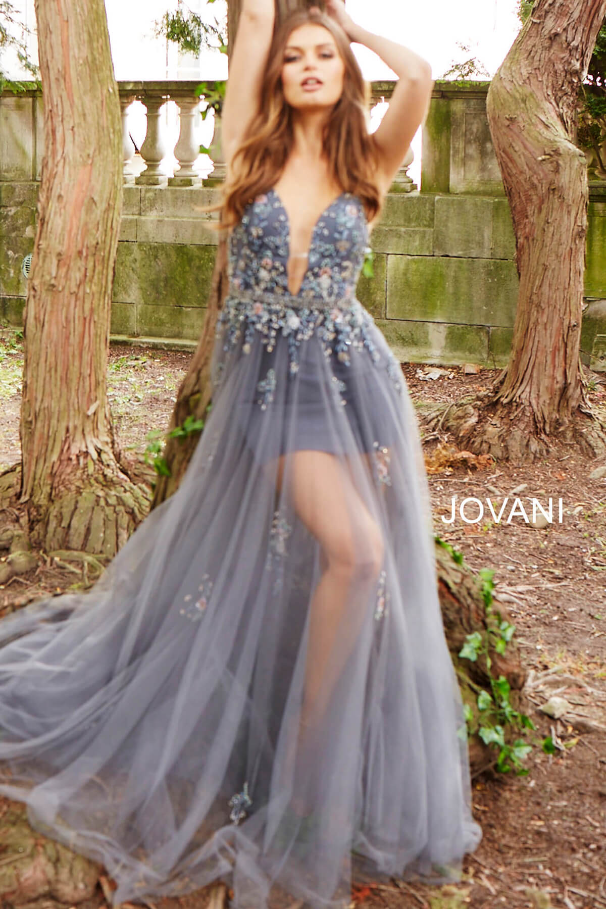 Jovani Prom Dress 00 / Blush Jovani 55621 Charcoal Spaghetti Straps Plunging Neckline Dress