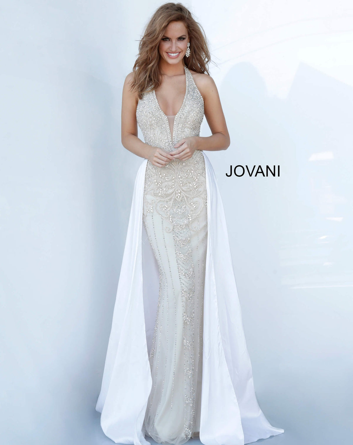 Jovani Prom Dress 00 / Nude/Off White Jovani 3698 Halter Neck Embellished Jovani Dress