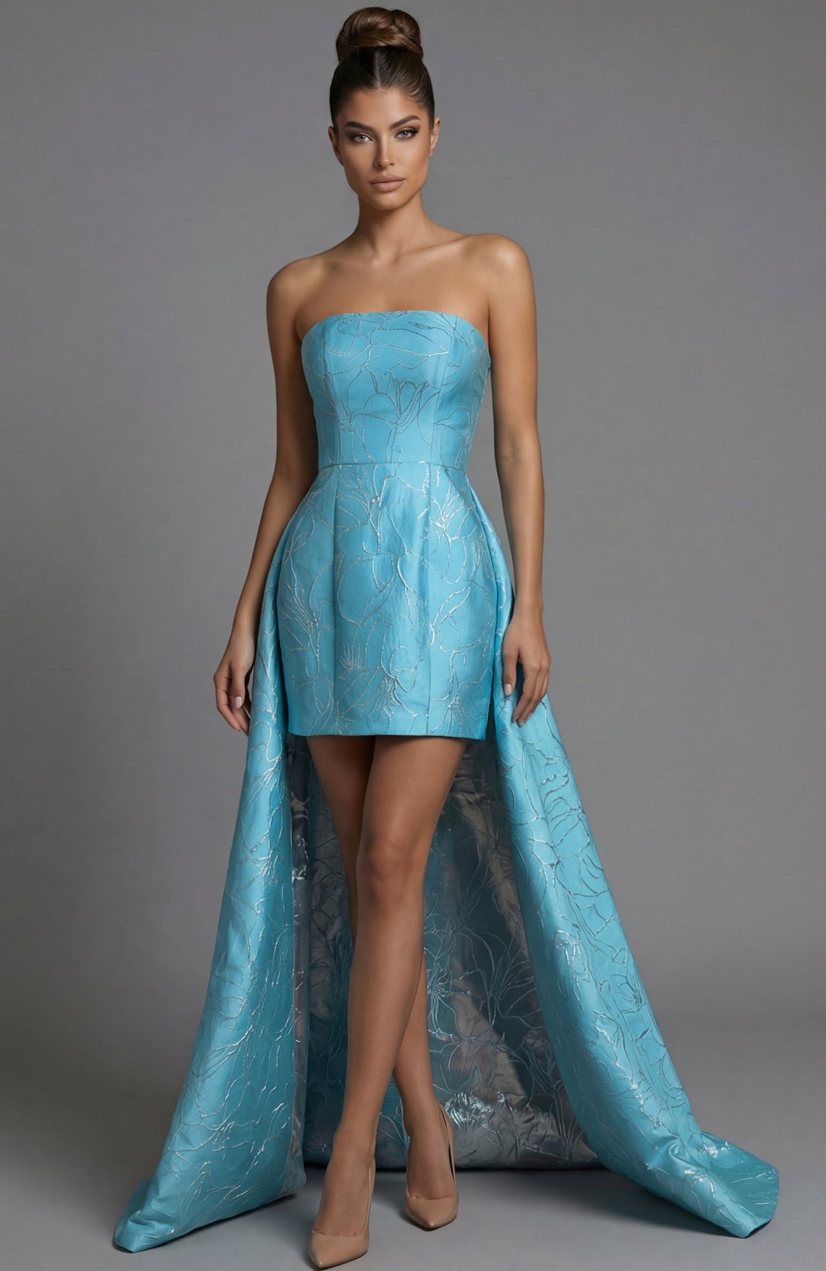 Jovani Prom Dress 00 / Perriwinkle Jovani 51693 Strapless Brocade Corset Mini Dress With Full Skirt
