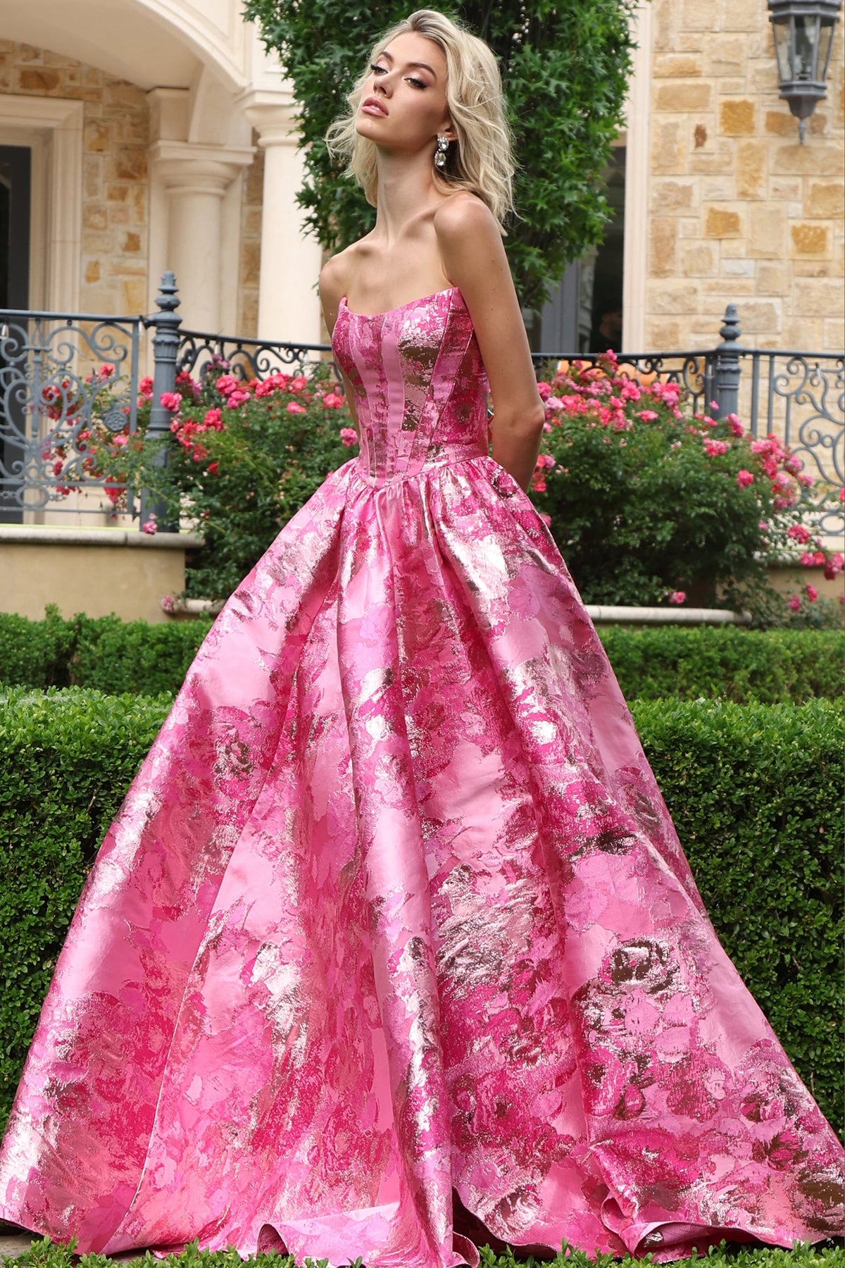 Jovani Prom Dress 00 / Pink/Gold Jovani 51579 Strapless Metallic Floral Jacquard Ball Gown