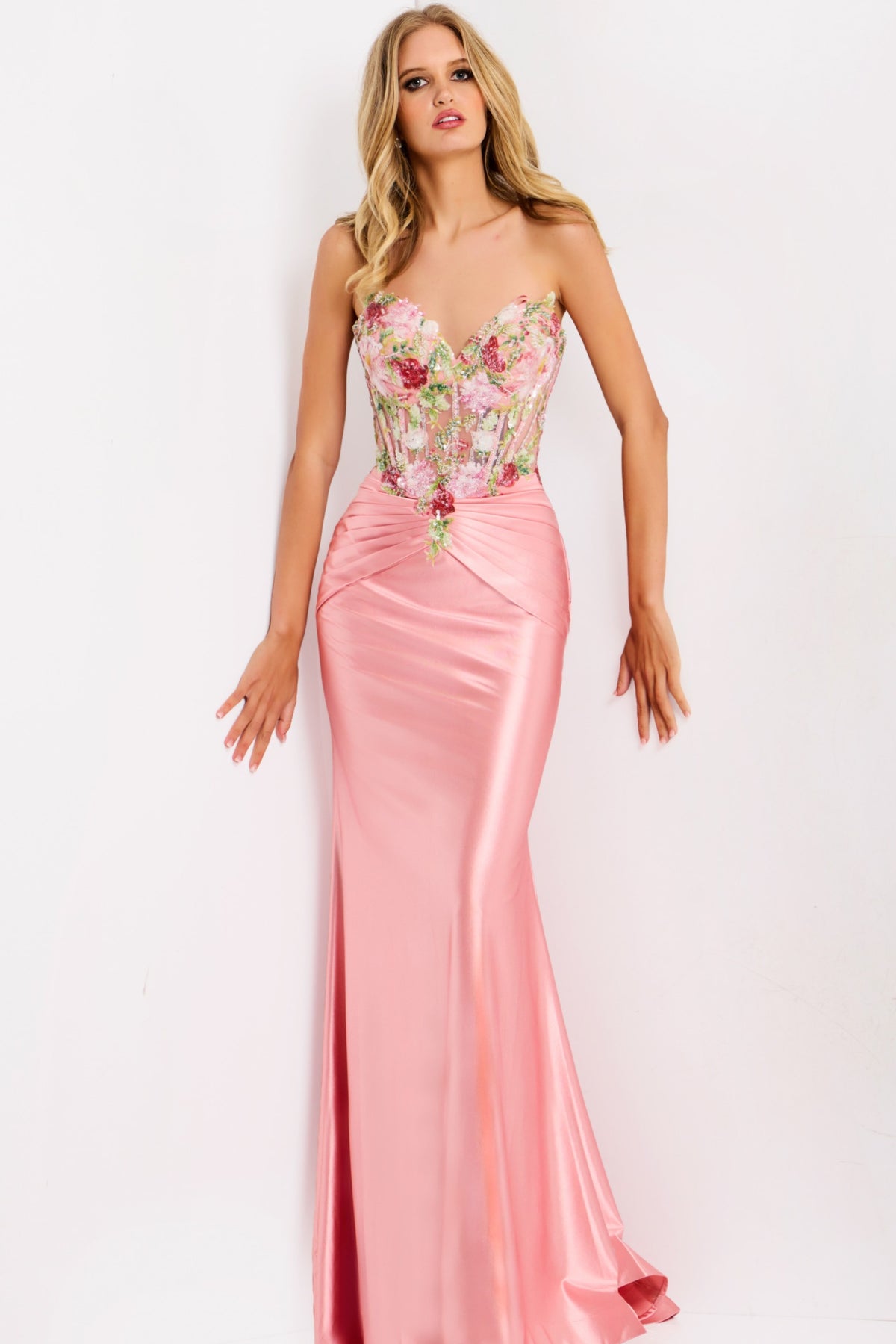 Jovani Prom Dress 00 / Rose Jovani 50014 Floral Embroidered Satin Mermaid Gown
