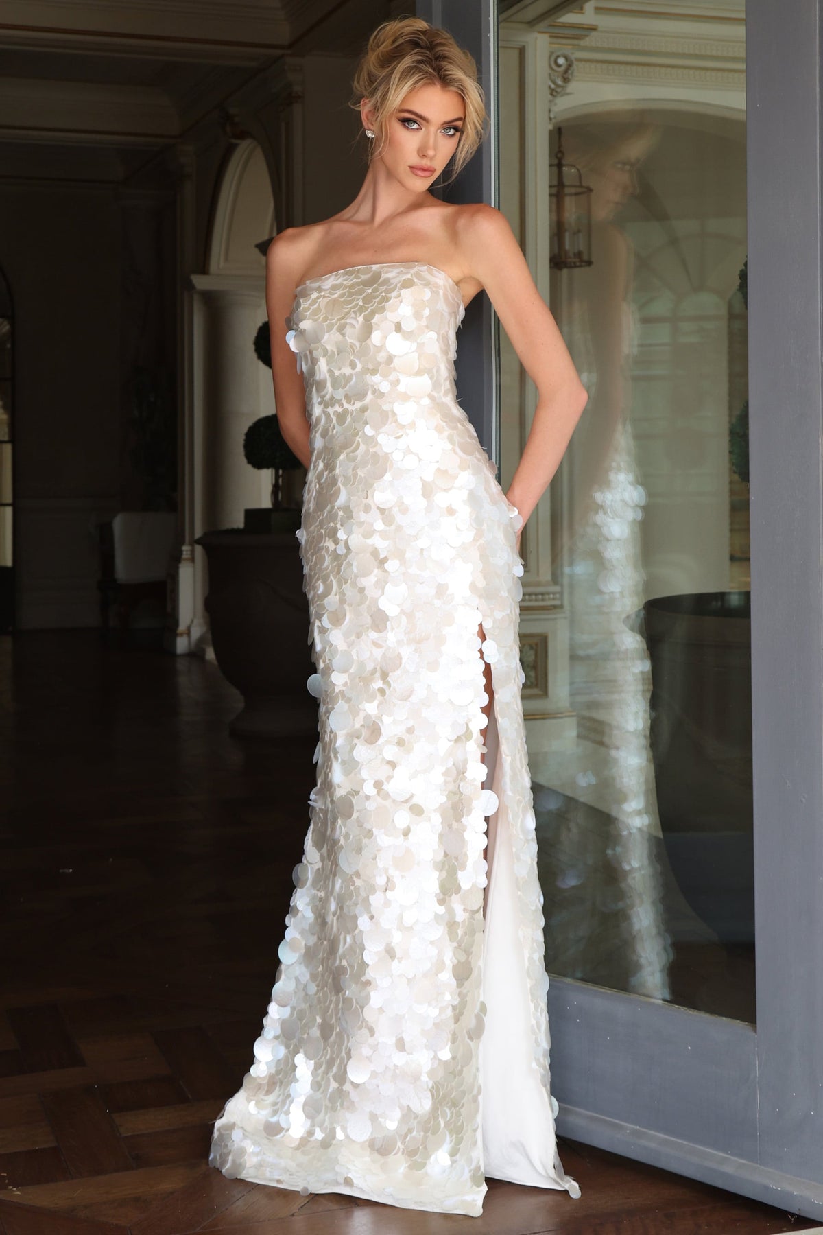 Jovani Prom Dress 00 / White Jovani 55178 Strapless Paillette Sequin Column Slit Gown