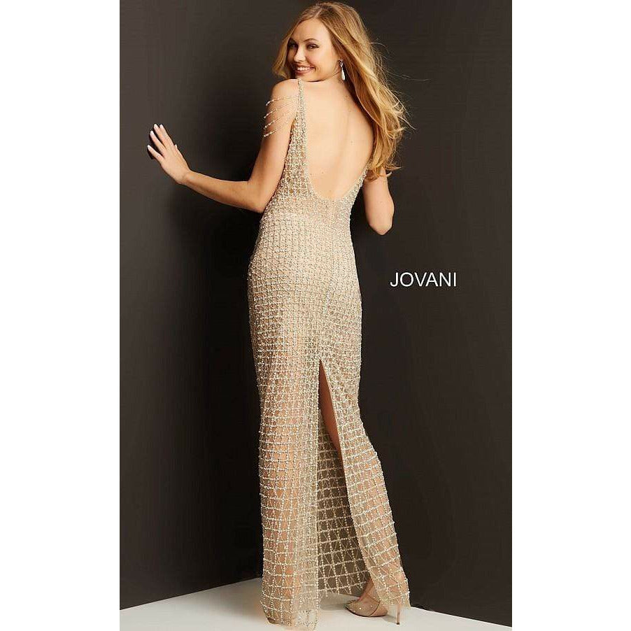 Jovani Prom Dress Jovani 05997 Nude Silver Beaded Sheer Prom Dress