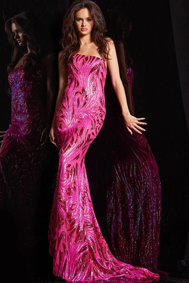 Jovani Prom Dress Jovani 23876 Hot Pink Embellished One Shoulder Dress