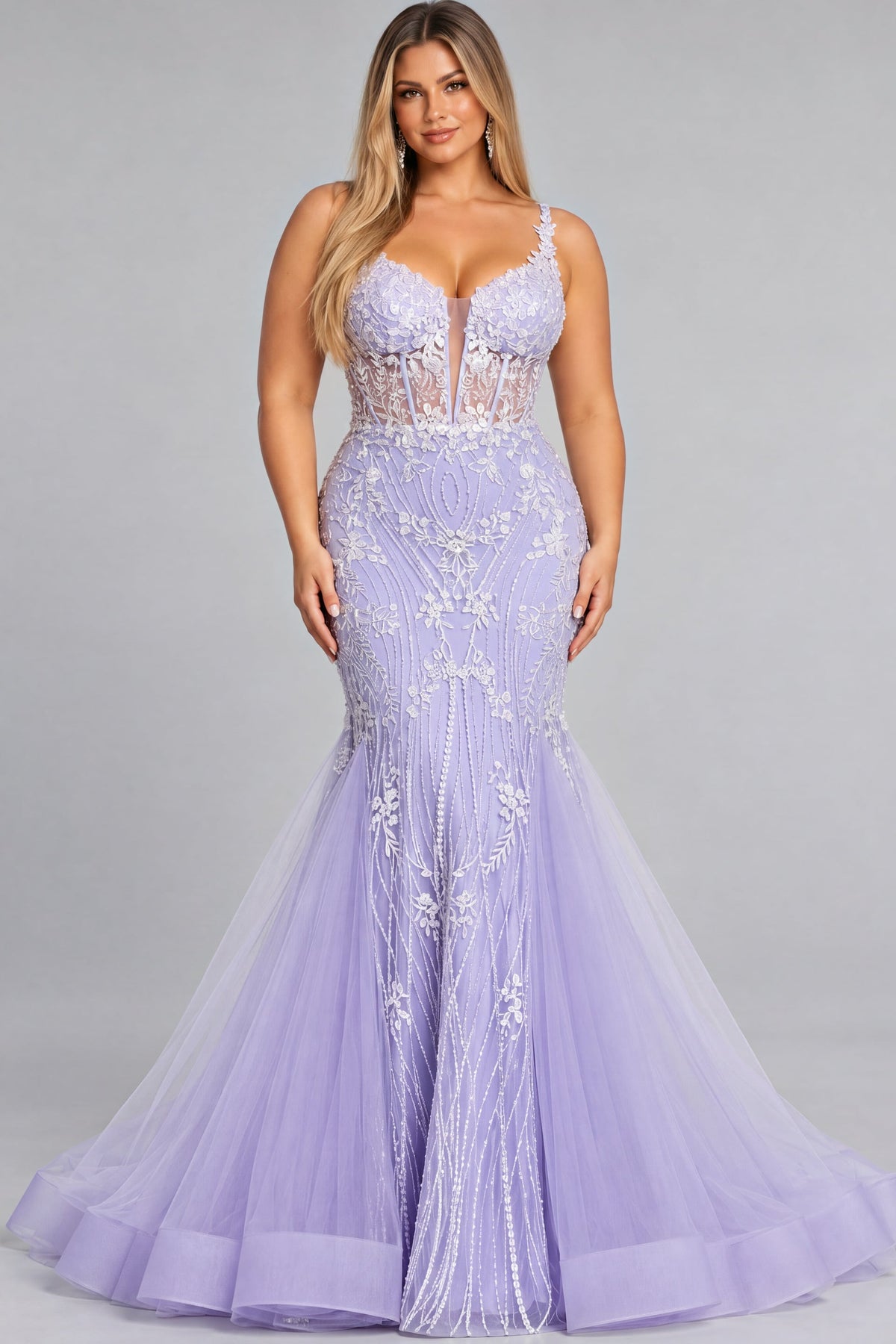 Jovani Prom Dress Jovani 37414 Lilac V Neckline Mermaid Gown