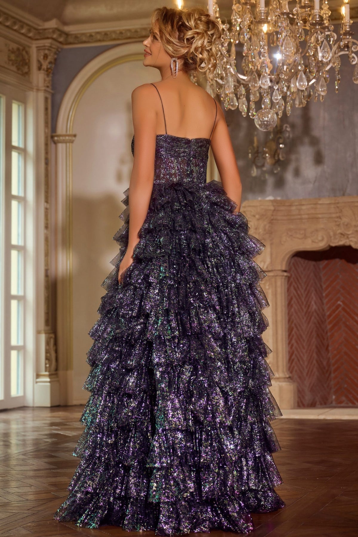 Jovani Prom Dress Jovani 39305 Ruffled Tiered Gown With Spaghetti Straps And Glitter Detail