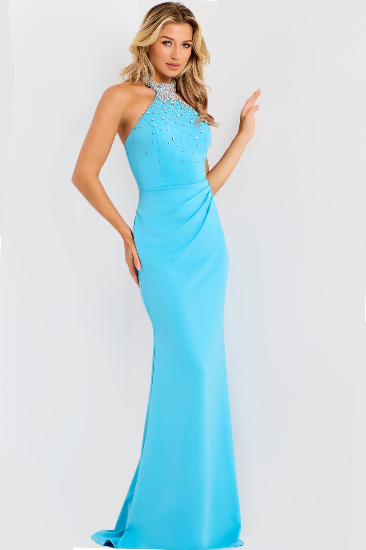 Jovani Prom Dress Jovani 45483 Beaded Halter Column Gown With Open Back