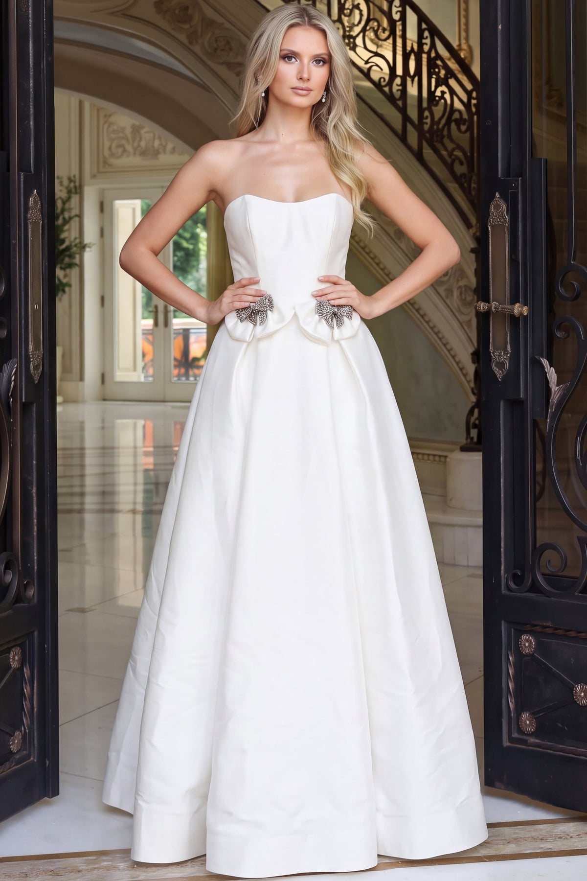 Jovani Prom Dress Jovani 47594 Strapless Ball Gown With Crystal Bow Accents