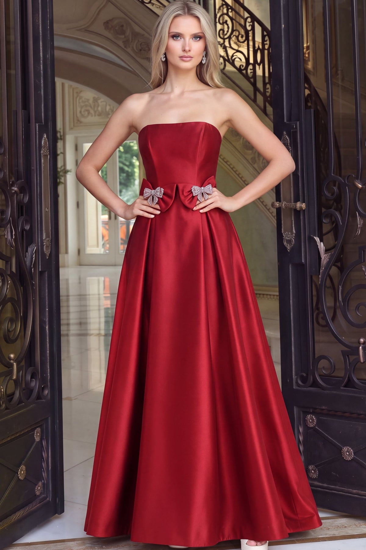 Jovani Prom Dress Jovani 47594 Strapless Ball Gown With Crystal Bow Accents