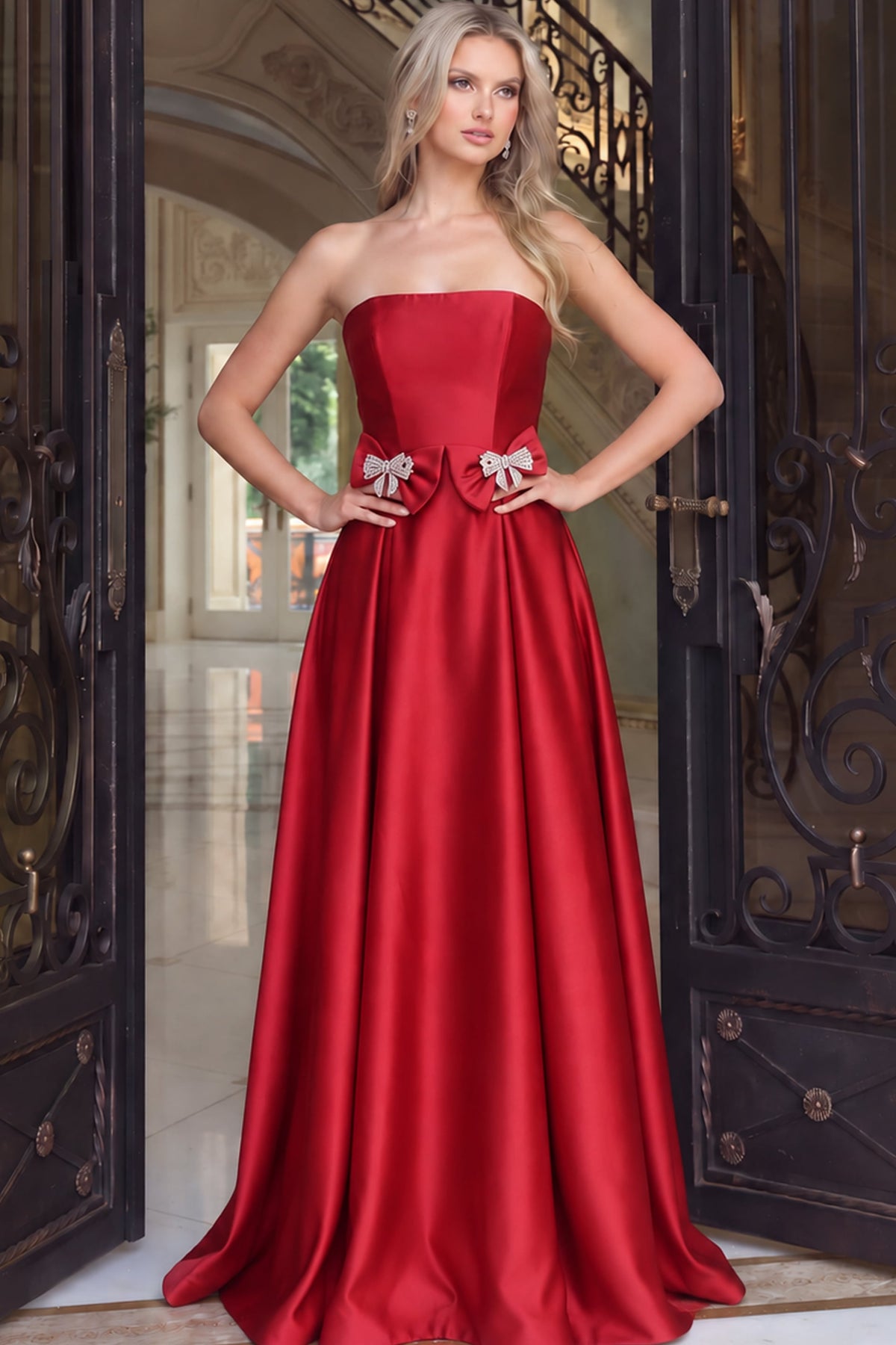 Jovani Prom Dress Jovani 47594 Strapless Ball Gown With Crystal Bow Accents