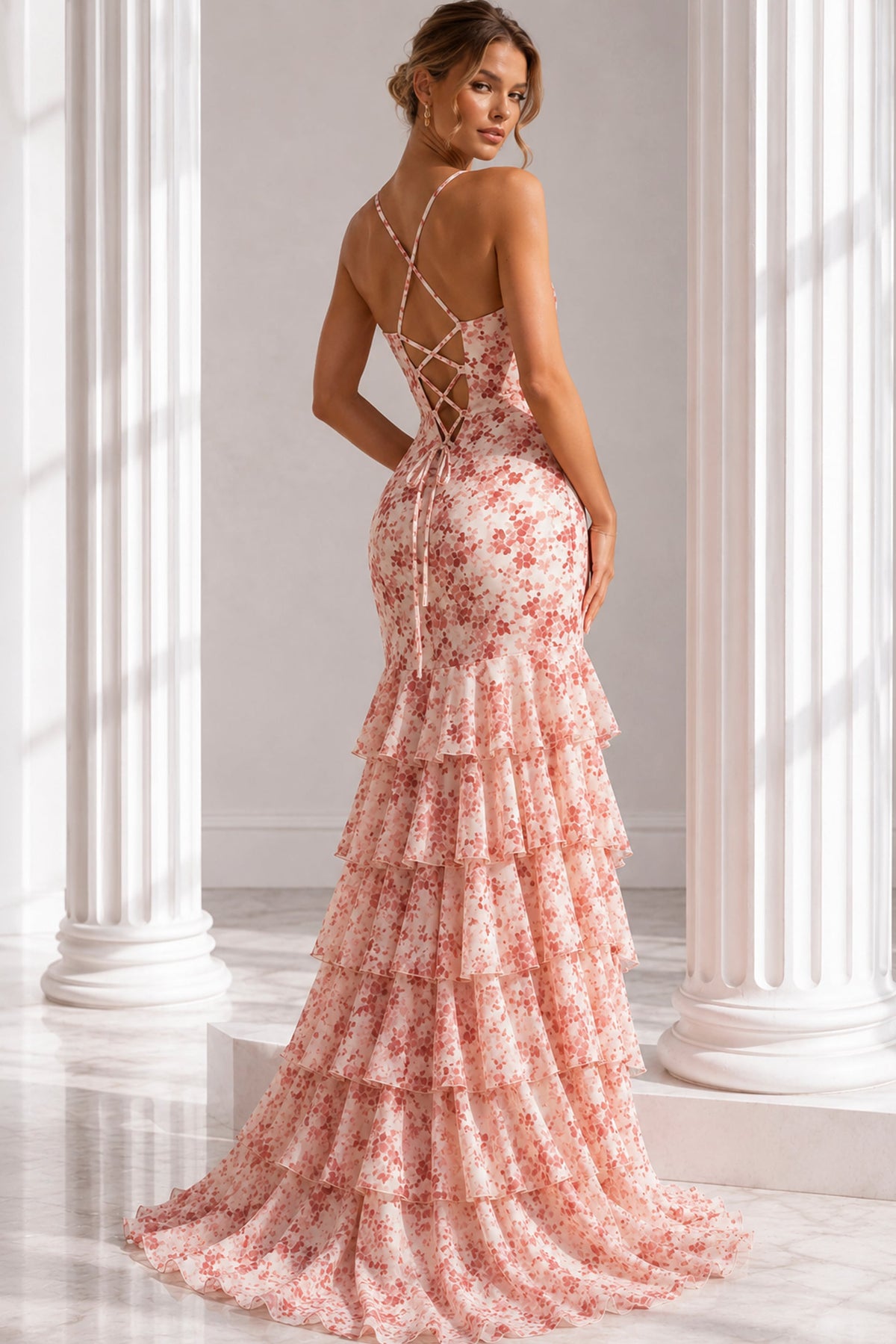 Jovani Prom Dress Jovani 48332 Floral Print Mermaid Gown With Lace-Up Back