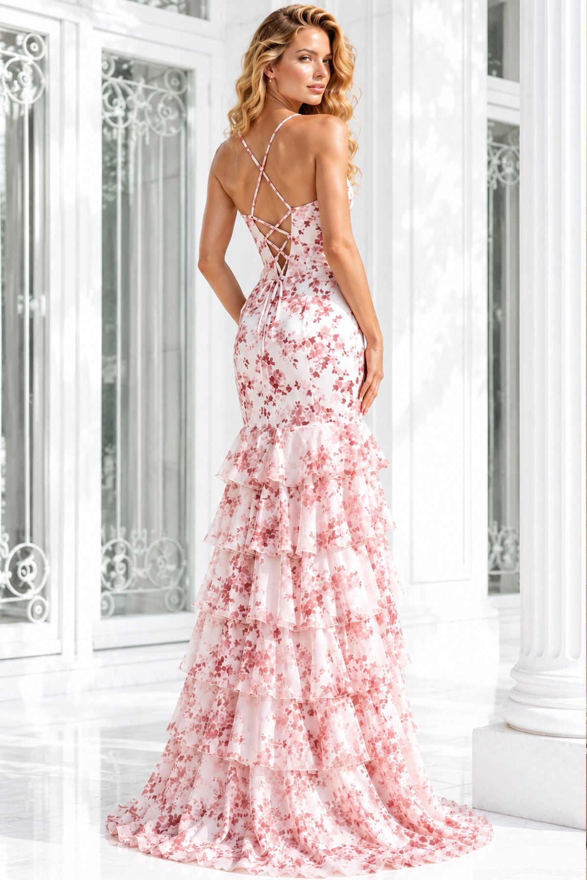 Jovani Prom Dress Jovani 48332 Floral Print Mermaid Gown With Lace-Up Back