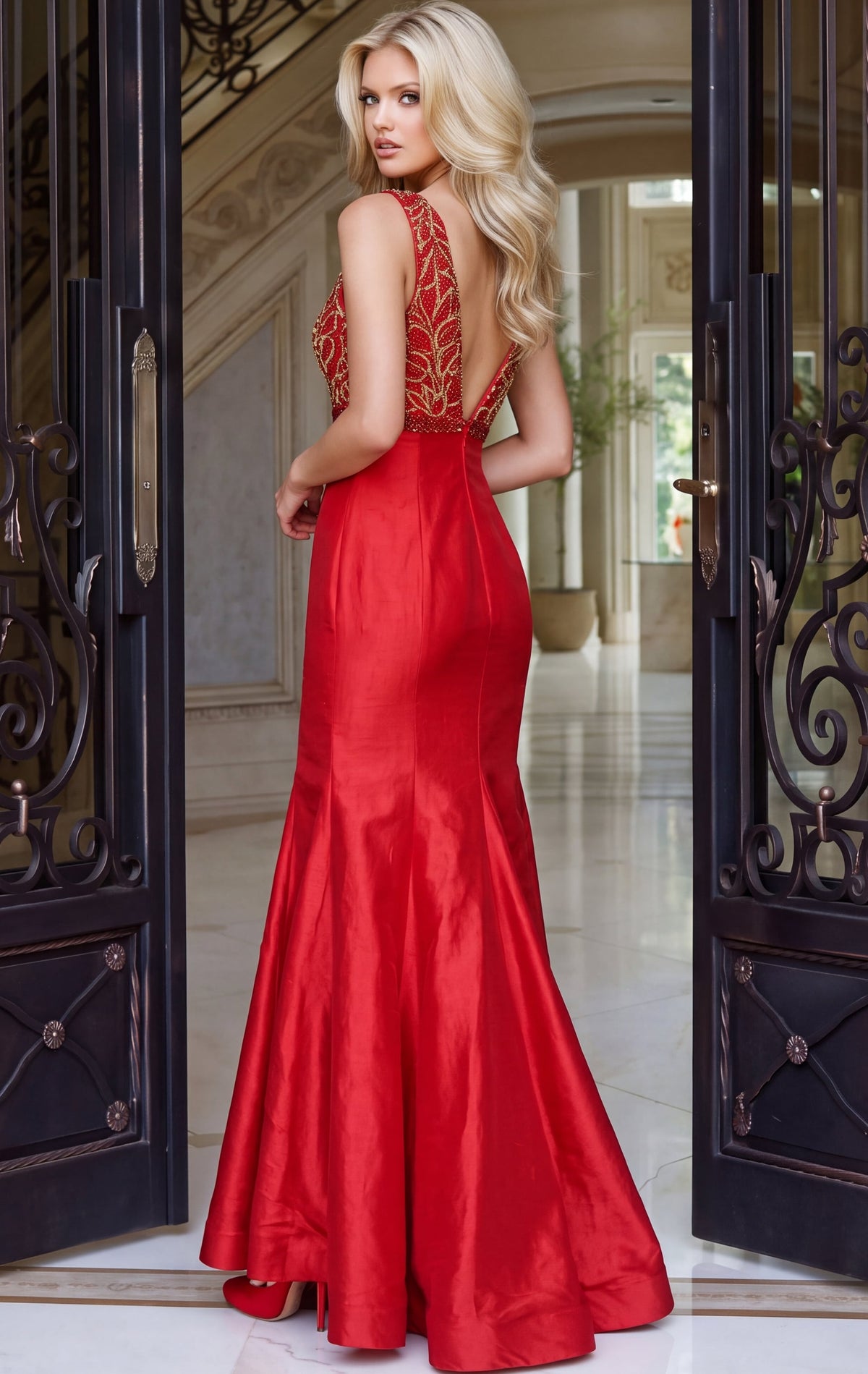 Jovani Prom Dress Jovani 48728 Beaded V Neck Spaghetti Strap Taffeta Mermaid Gown
