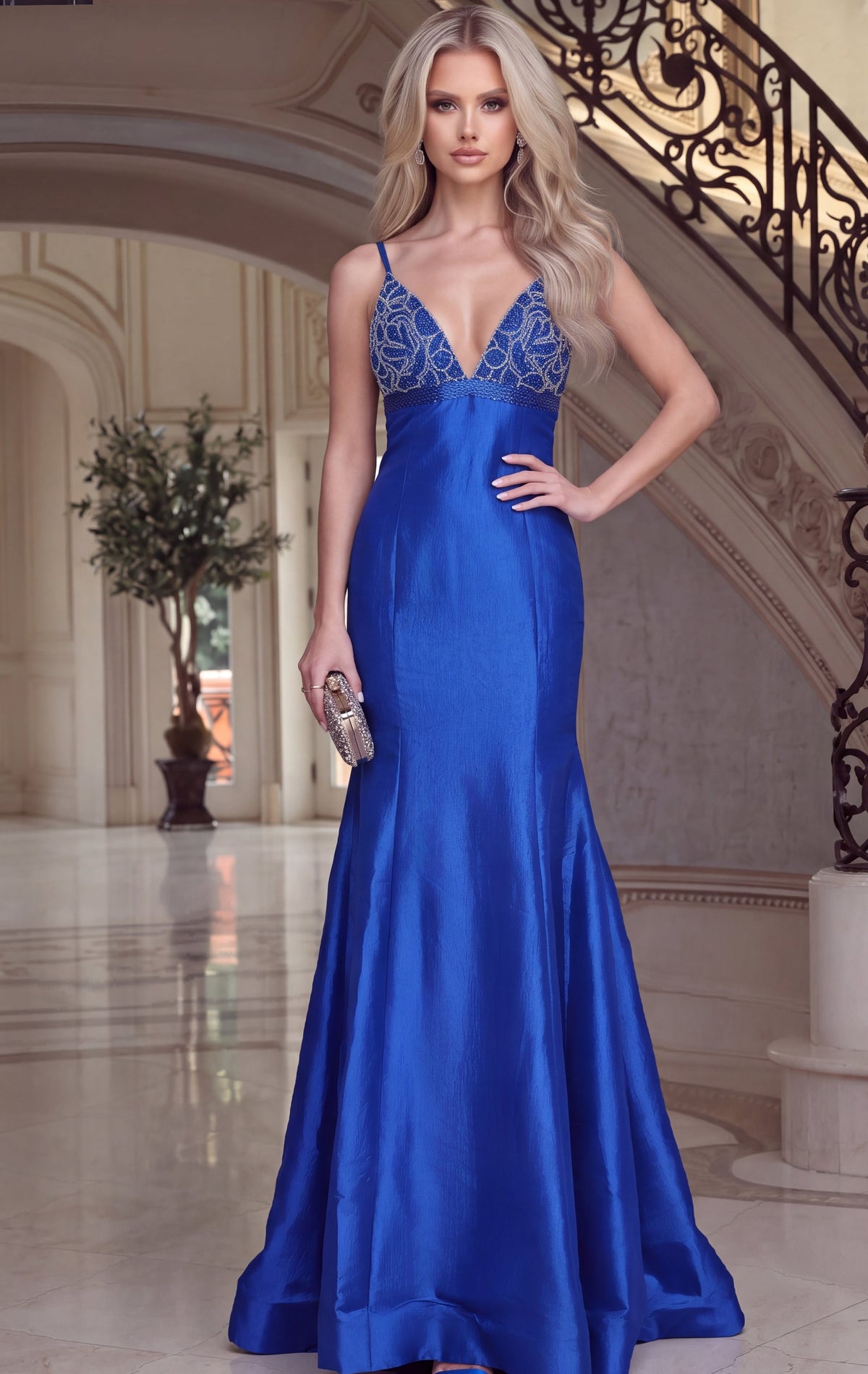Jovani Prom Dress Jovani 48728 Beaded V Neck Spaghetti Strap Taffeta Mermaid Gown