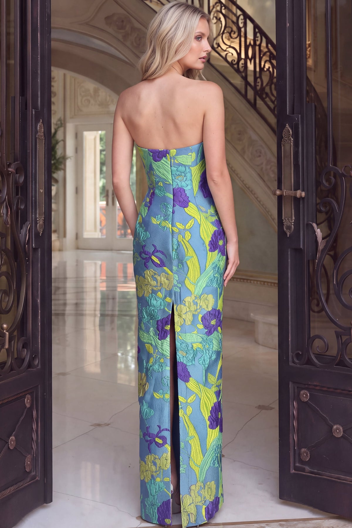 Jovani Prom Dress Jovani 49342 Strapless Floral Satin Fitted Evening Gown
