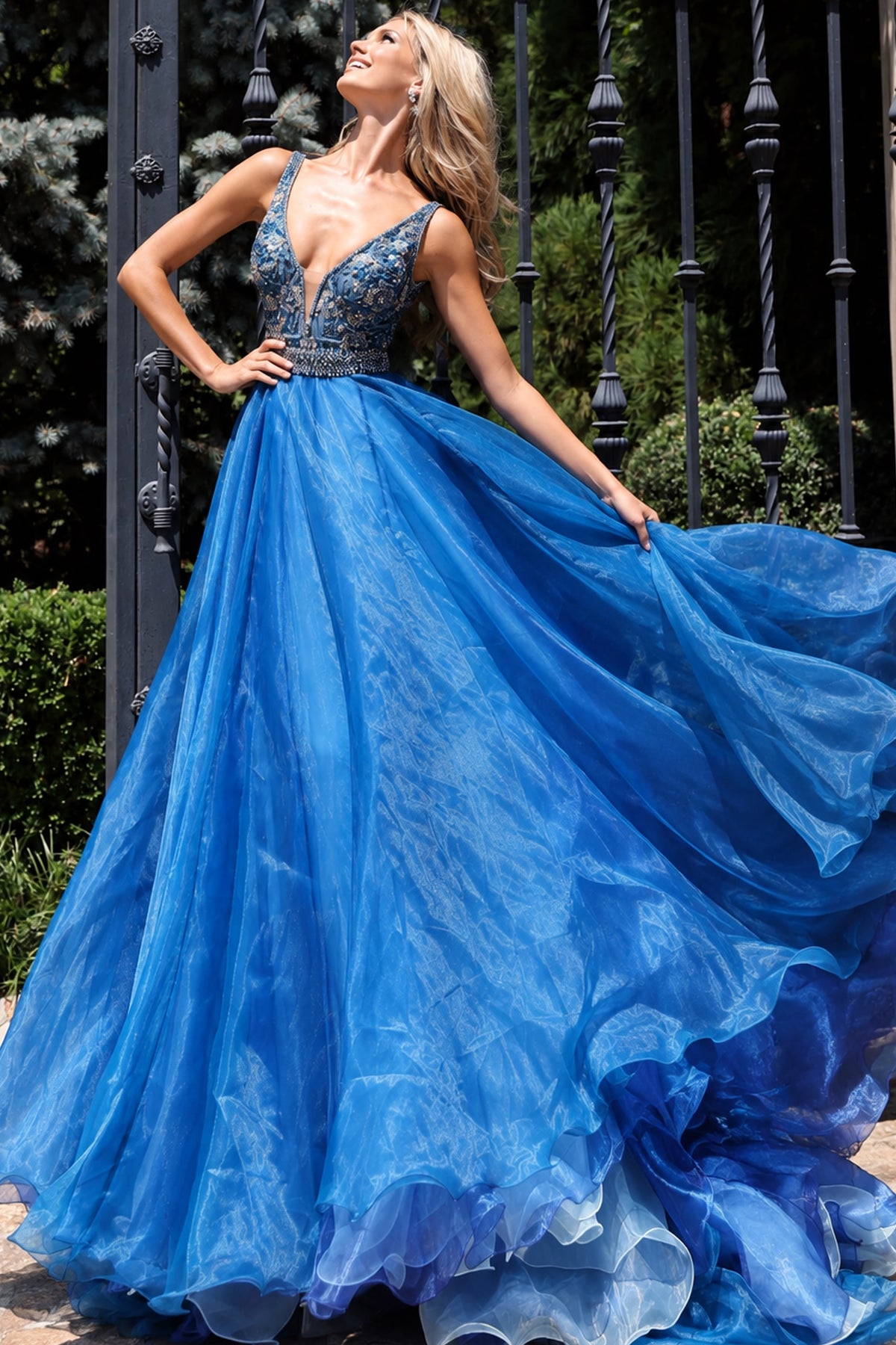 Jovani Prom Dress Jovani 51775 Beaded Plunging V-Neck Organza Ball Gown