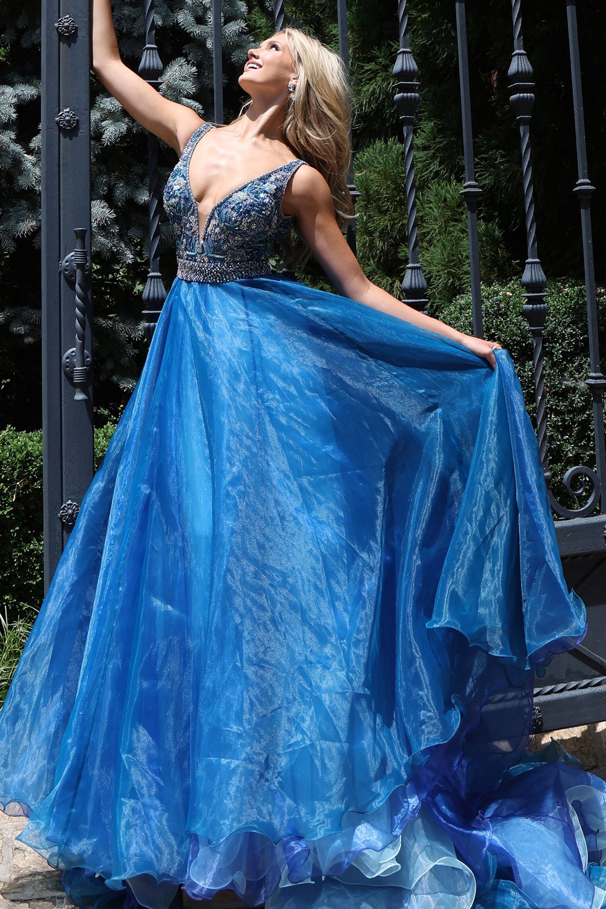 Jovani Prom Dress Jovani 51775 Beaded Plunging V-Neck Organza Ball Gown