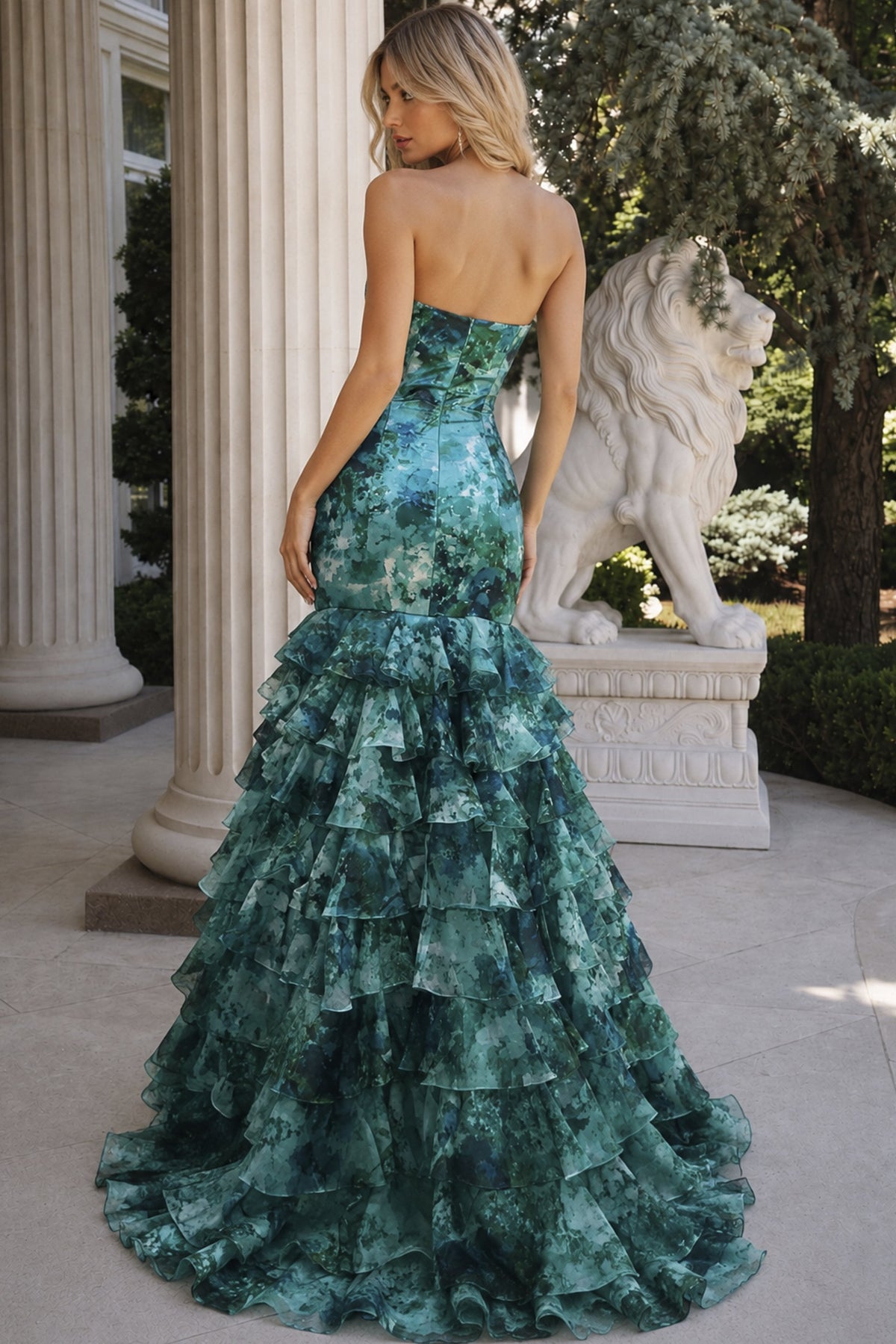 Jovani Prom Dress Jovani 51779 Strapless Floral Print Mermaid Gown With Tiered Ruffle Skirt And High Slit