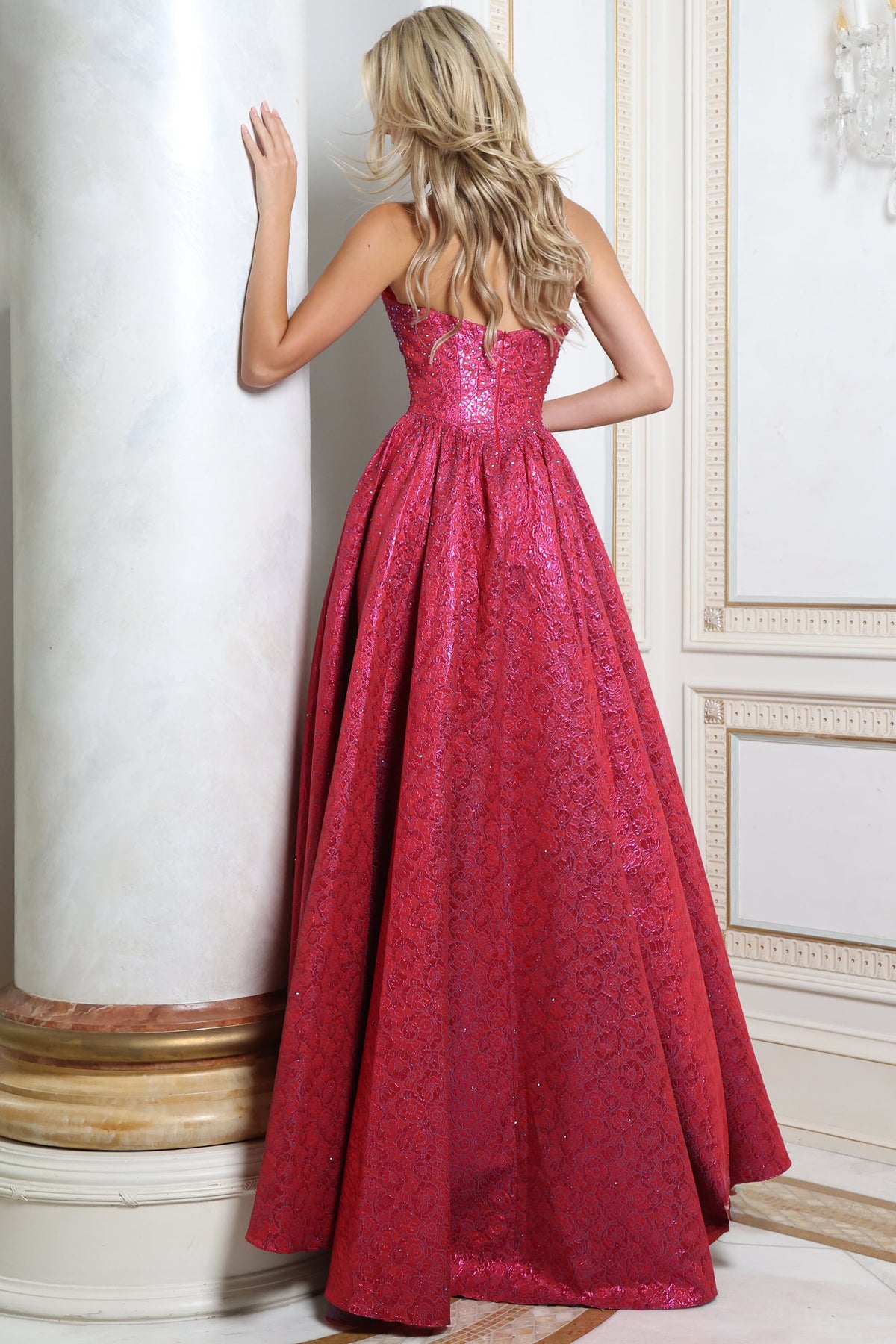 Jovani Prom Dress Jovani 51925 Strapless Metallic Jacquard Ball Gown With Pockets
