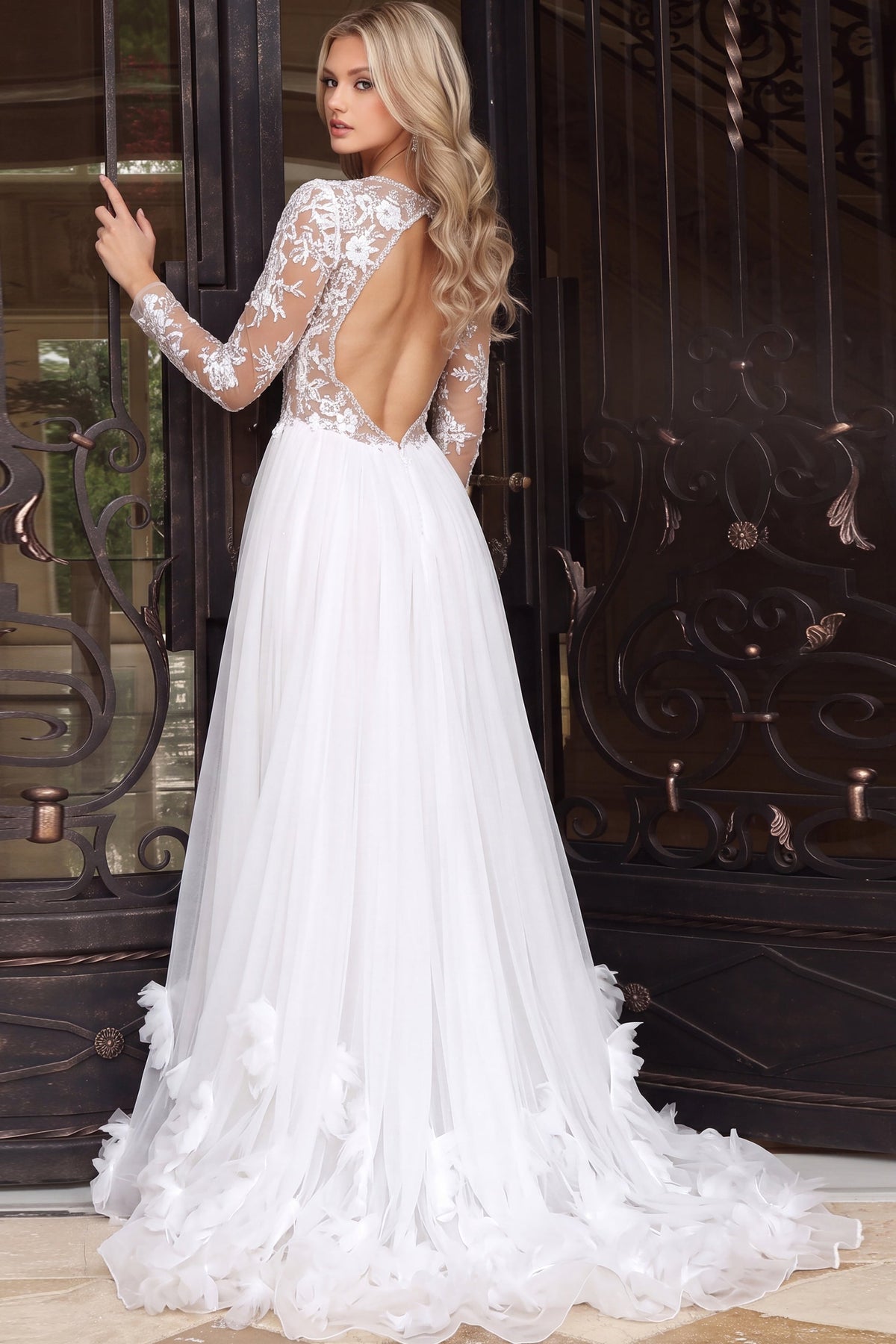 Jovani Prom Dress Jovani 51955 Long Sleeve V Neck Lace Floral Mini Dress With Overskirt