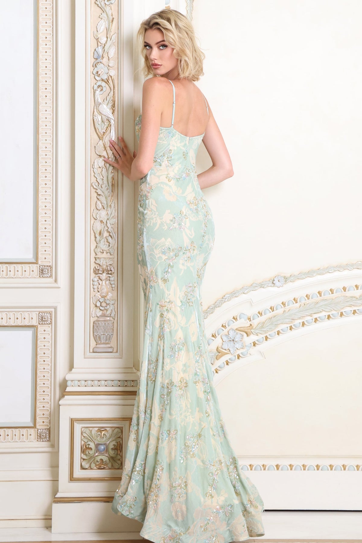 Jovani Prom Dress Jovani 52332 V Neck Floral Beaded Spaghetti Strap Fitted Gown