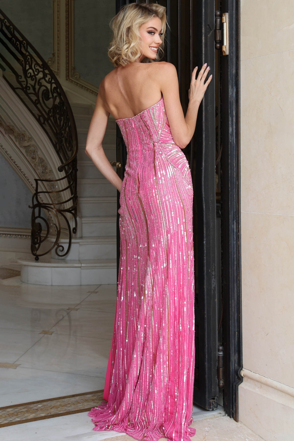 Jovani Prom Dress Jovani 52534 Strapless Vertical Sequin High Slit Column Gown