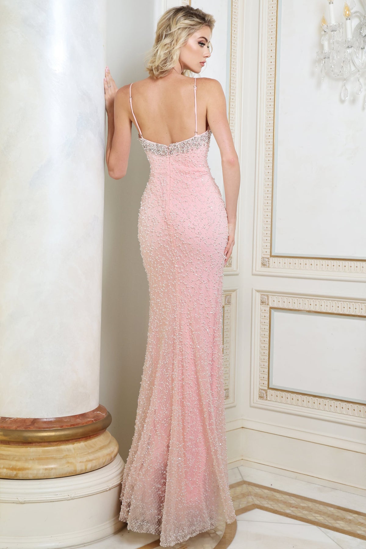 Jovani Prom Dress Jovani 52671 Blush Pink Beaded Mermaid Prom Dress