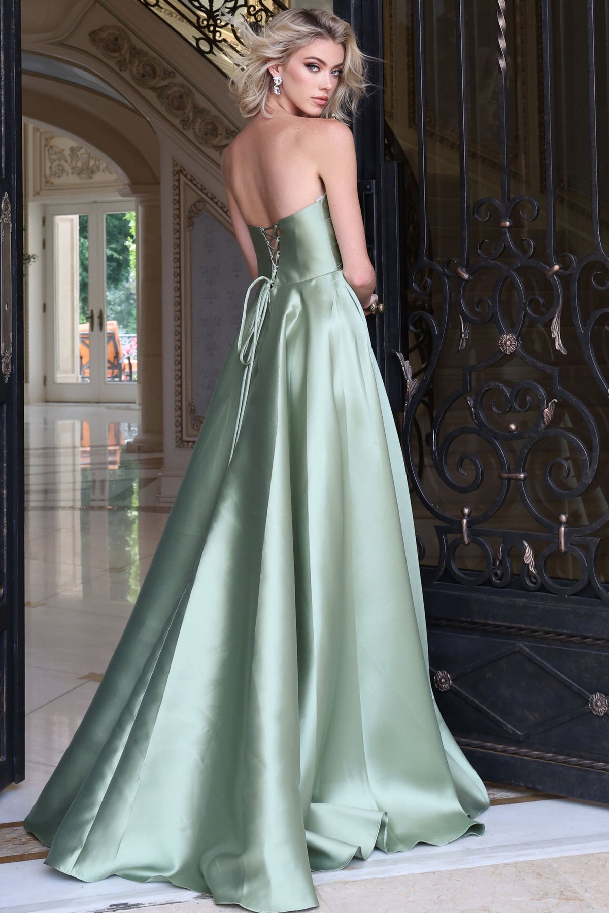Jovani Prom Dress Jovani 53327 Strapless Draped Bodice Satin A Line Slit Gown