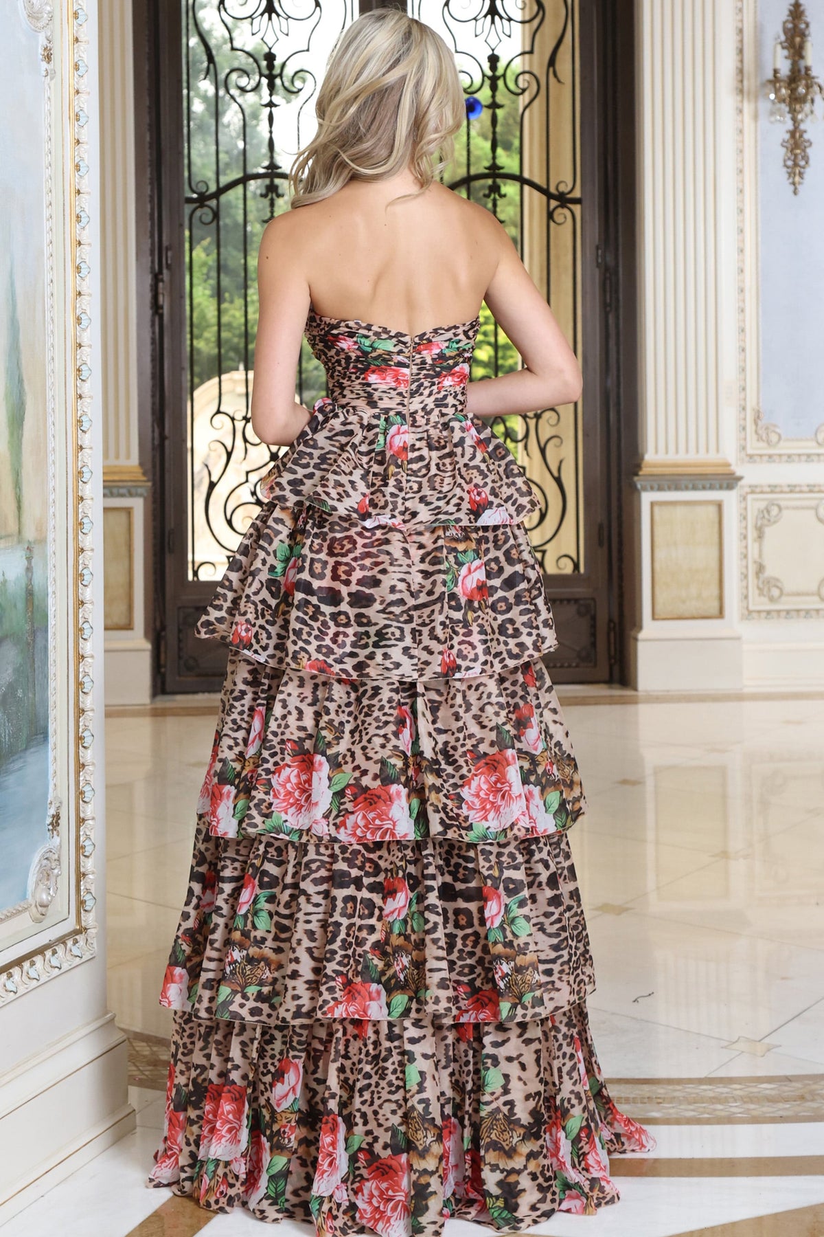 Jovani Prom Dress Jovani 54210 Strapless Leopard Print Tiered Ruffle Ball Gown