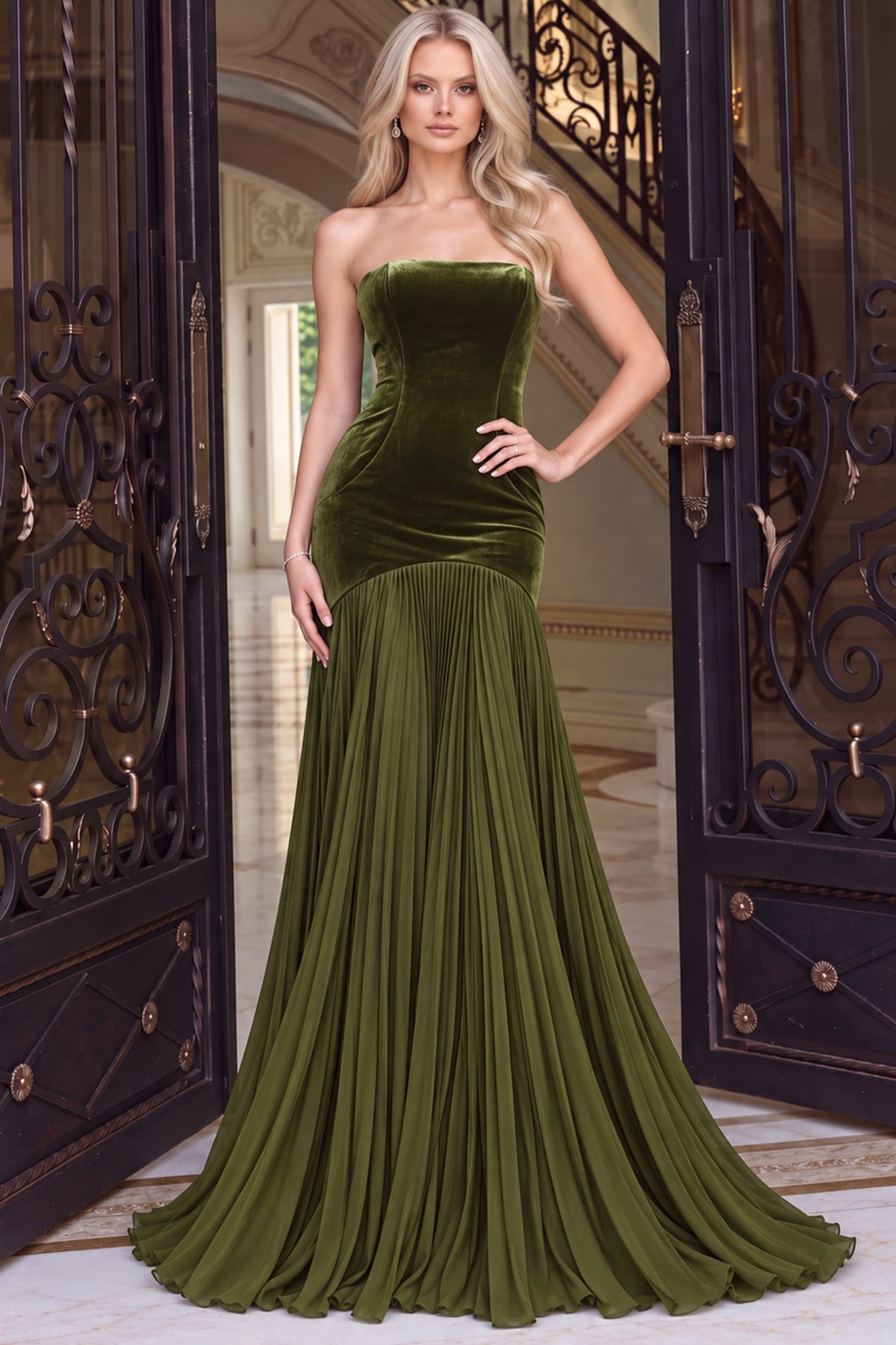 Jovani Prom Dress Jovani 54324 Olive Velvet Strapless Mermaid Gown With Pleated Skirt