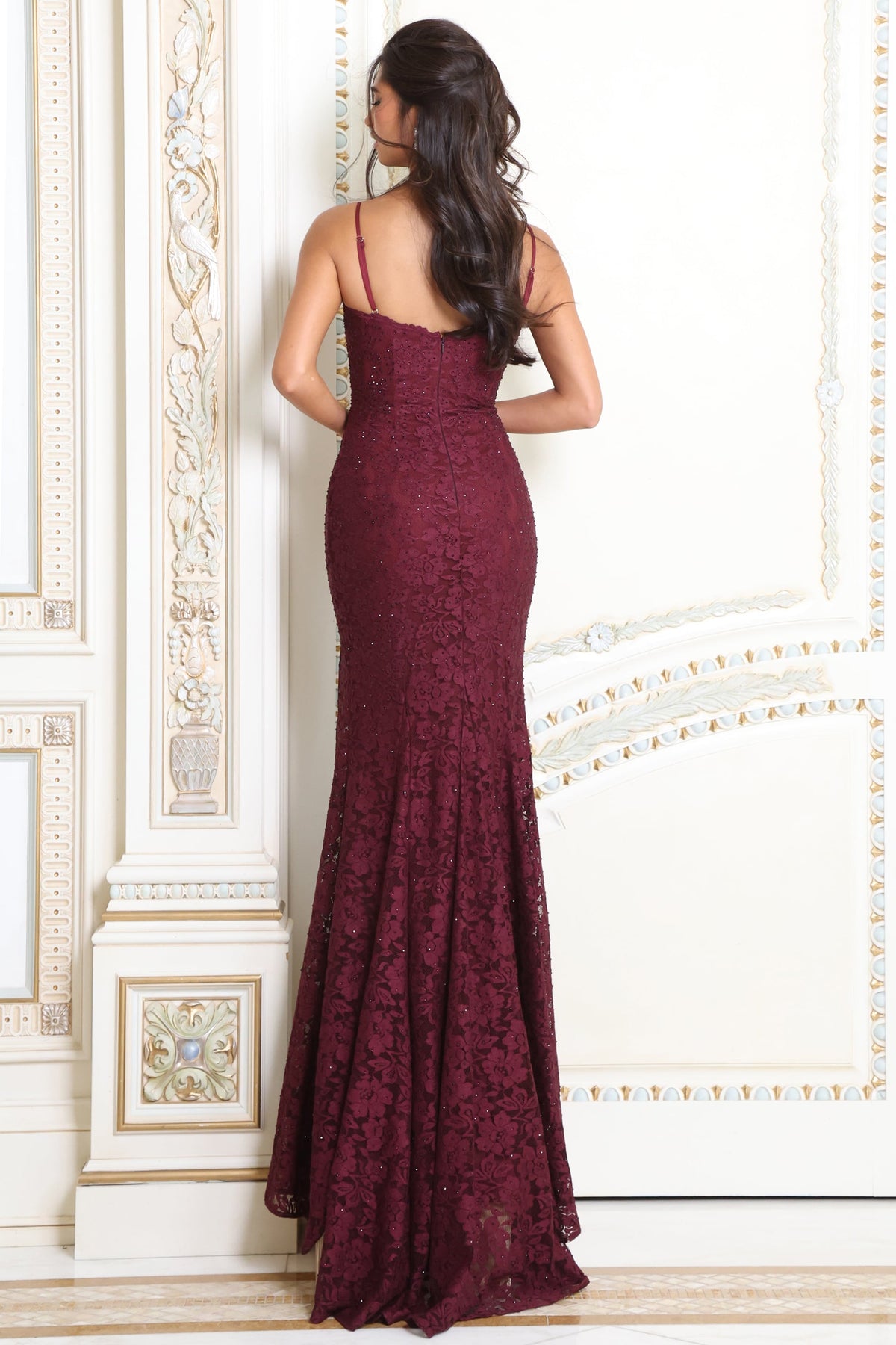 Jovani Prom Dress Jovani 54762 Spaghetti Strap Floral Lace Slit Mermaid Gown