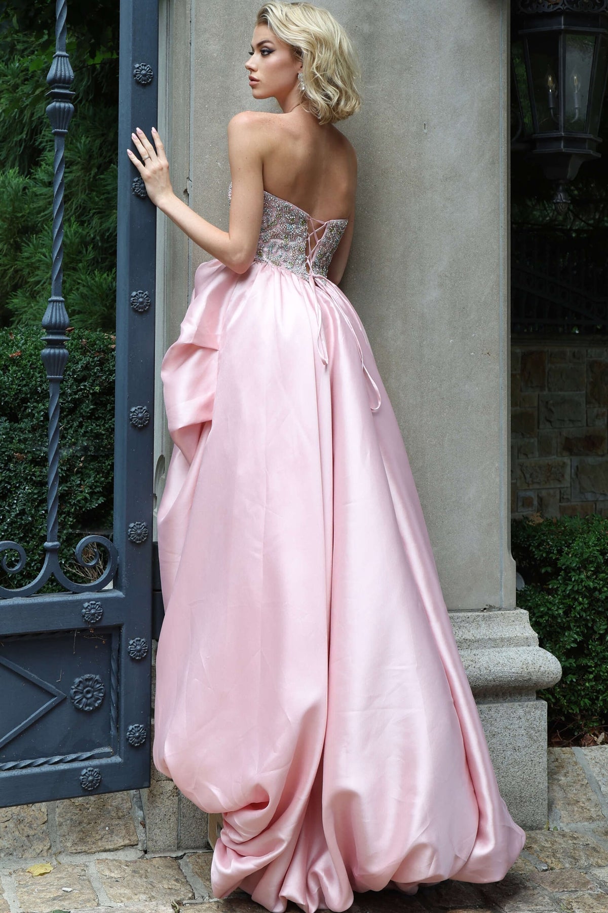Jovani Prom Dress Jovani 54808 Strapless Beaded Corset High Low Satin Gown