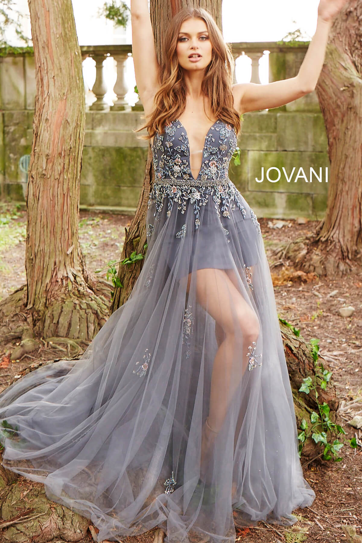 Jovani Prom Dress Jovani 55621 Charcoal Spaghetti Straps Plunging Neckline Dress